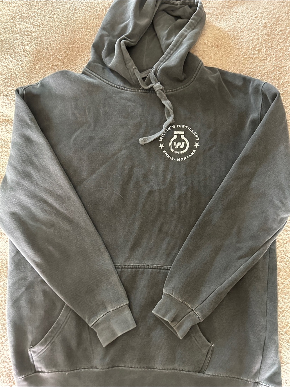Vintage-Inspired Gray Pullover Hoodie with Distillery Logo